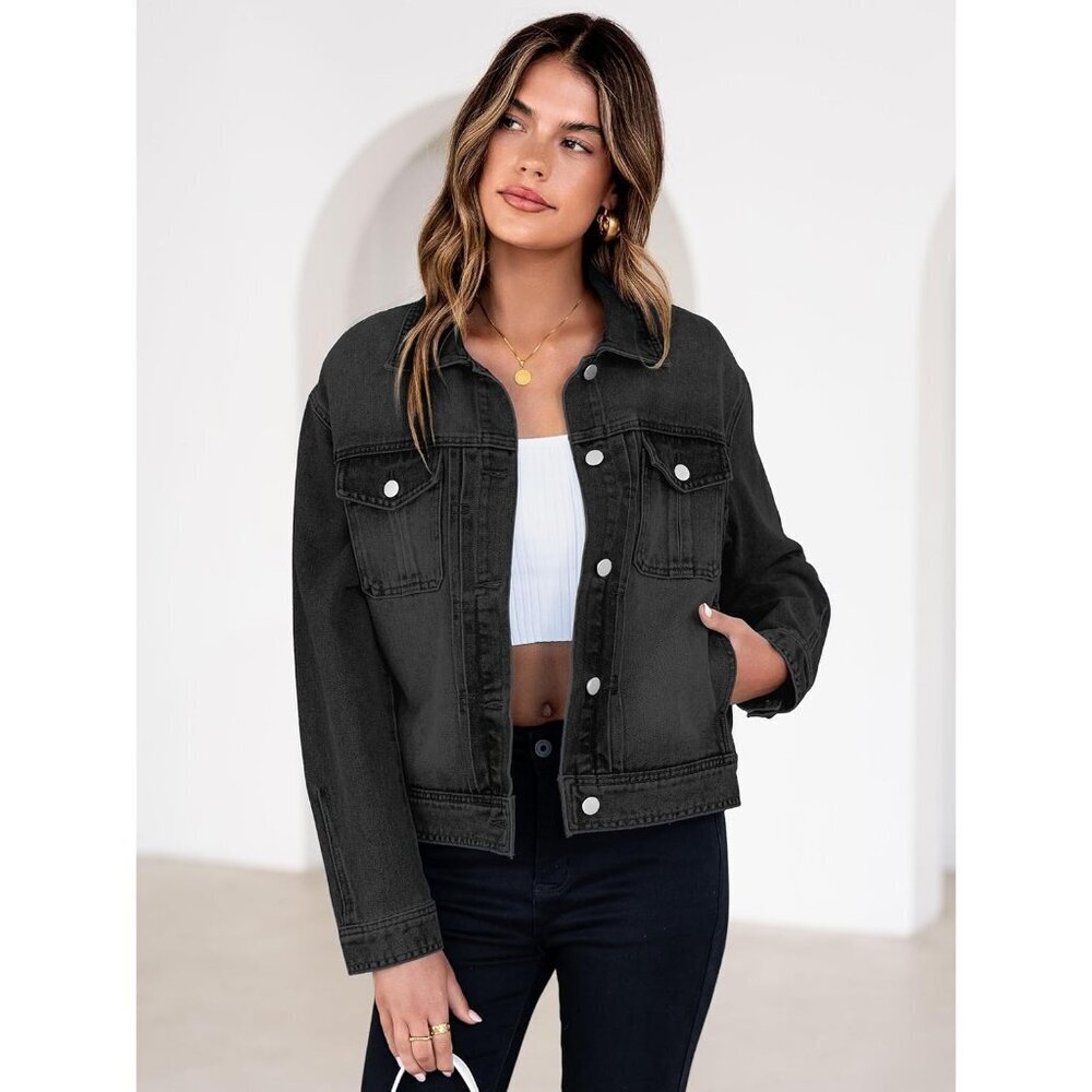 Classic BlackDenim Jacket Casual Chic Look Stylish Cropped Short Denim For Women - Picture 2 of 7